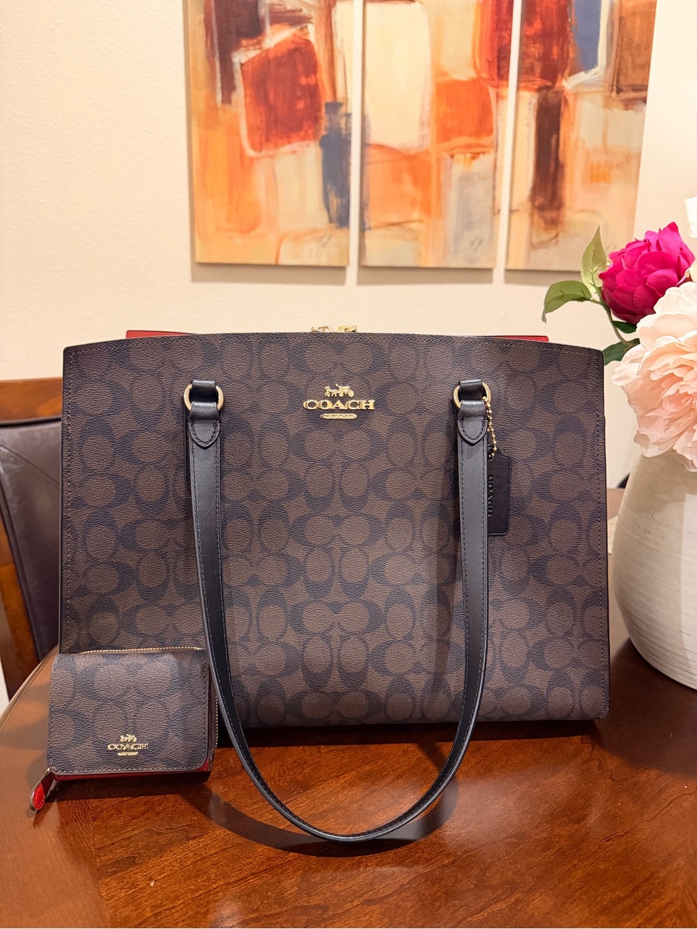 COACH Brown Signature Tote matching Wallet